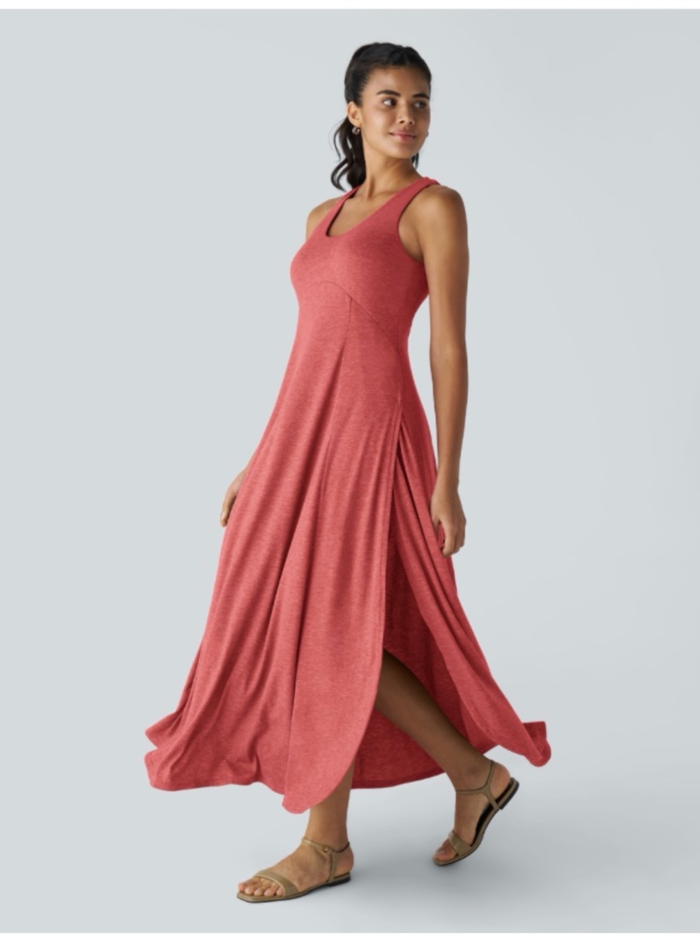 HALARA Sleeveless Coral-Red Maxi Dress with Side Slit